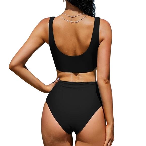 Zaful Black 2 Piece High Waist Swimsuit Bikini NWT Woman Size Medium Snap Front - Picture 6 of 11